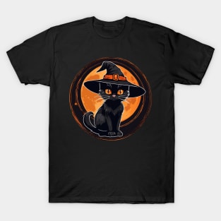 Black Cat wearing black witch Hat T-Shirt